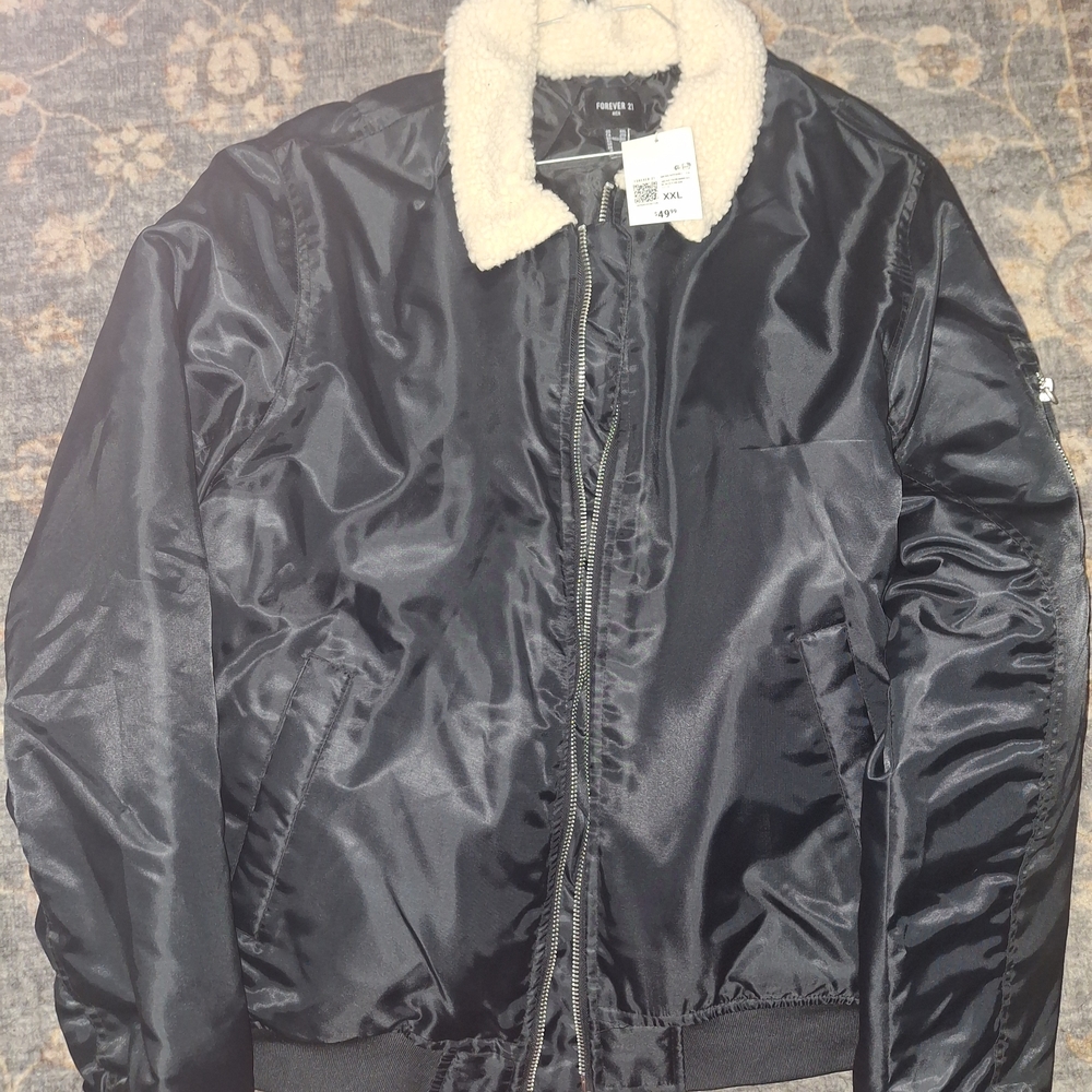 Forever 21 Black Bomber Jacket with Cream Collar